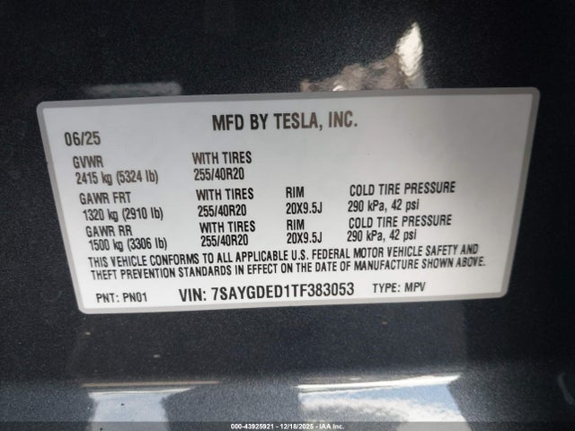7SAYGDED1TF383053 Tesla Model Y Rwd