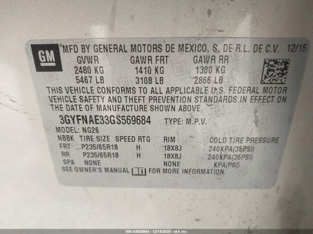 2016 CADILLAC SRX 3GYFNAE33GS569684 Photo 8