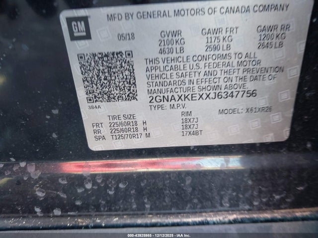 Aukcja sprzedaży 2018 Chevrolet Equinox Lt, vin: 2GNAXKEXXJ6347756, numer aukcji: 43925985