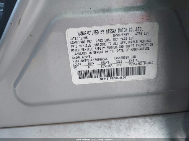 43926001 :رقم المزاد ، JNKBV61F87M808646 vin ، 2007 Infiniti G35x مزاد بيع