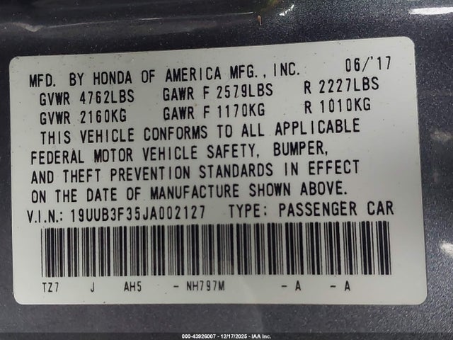2018 Acura Tlx მანქანა იყიდება აუქციონზე, vin: 19UUB3F35JA002127, აუქციონის ნომერი: 43926007