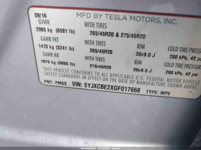 2016 TESLA MODEL X 5YJXCBE2XGF017668 Photo 8