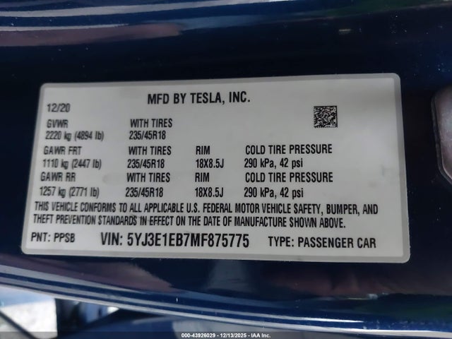 2021 TESLA MODEL 3 5YJ3E1EB7MF875775 Photo 8