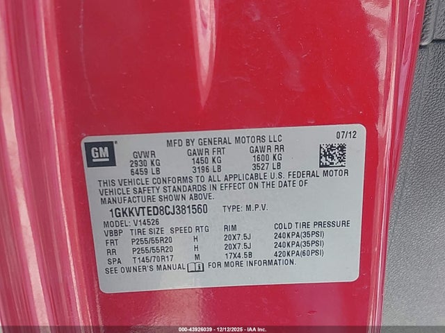 Продажа на аукционе авто 2012 Gmc Acadia Denali, vin: 1GKKVTED8CJ381560, номер лота: 43926039