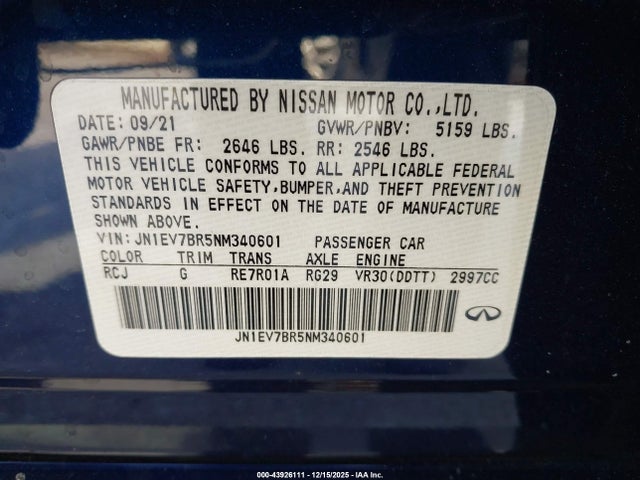 Aukcja sprzedaży 2022 Infiniti Q50 Luxe Awd, vin: JN1EV7BR5NM340601, numer aukcji: 43926111