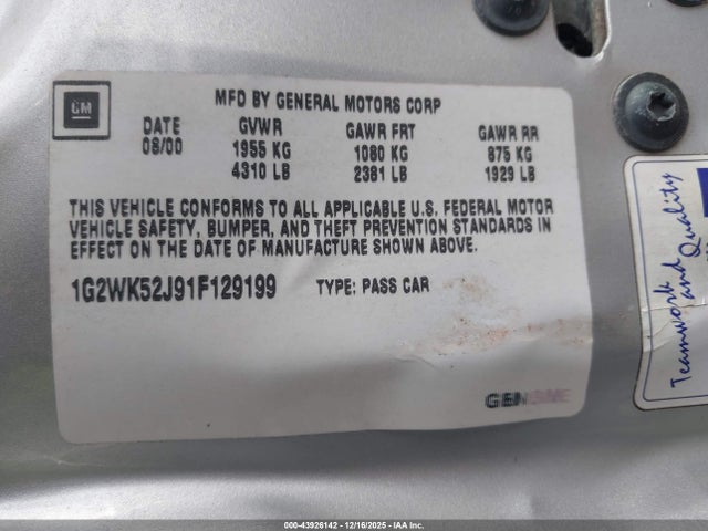 2001 Pontiac Grand Prix Se მანქანა იყიდება აუქციონზე, vin: 1G2WK52J91F129199, აუქციონის ნომერი: 43926142