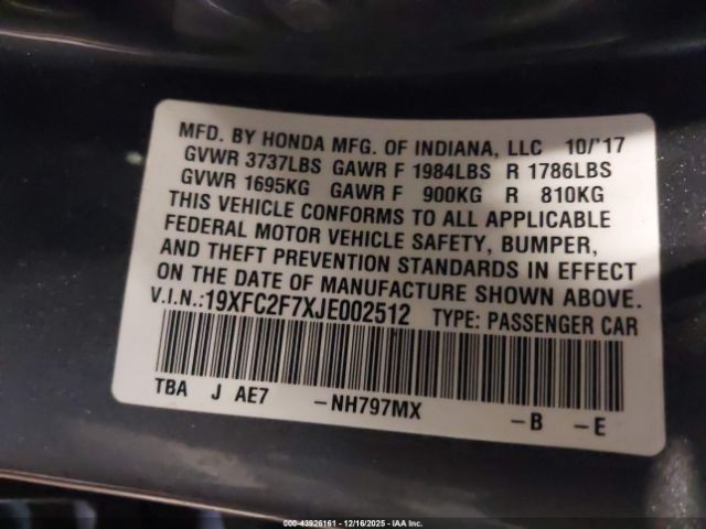 2018 HONDA CIVIC 19XFC2F7XJE002512 Photo 8