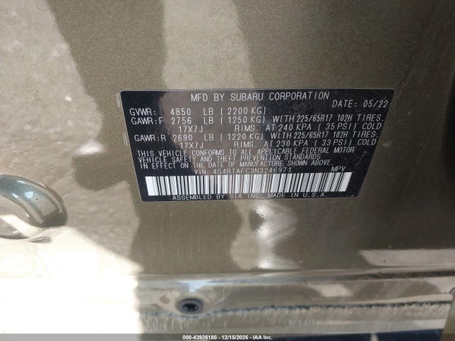 4S4BTAFC3N3246971 Subaru Outback Premium