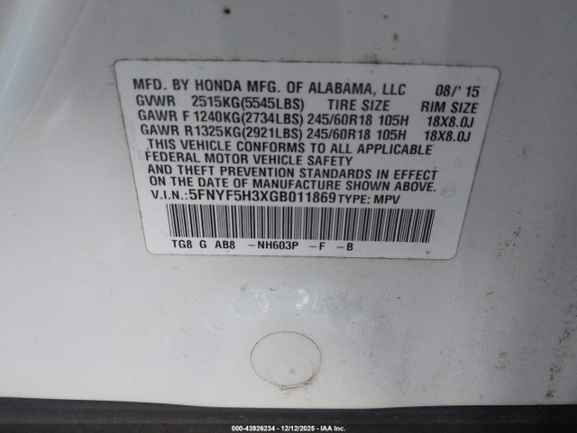 2016 HONDA PILOT 5FNYF5H3XGB011869 Photo 8