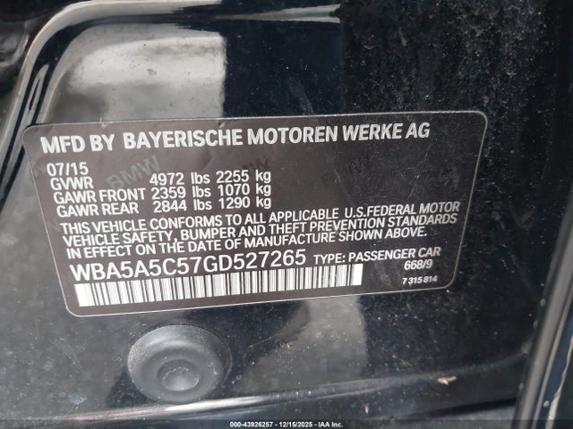 Aukcja sprzedaży 2016 Bmw 528i, vin: WBA5A5C57GD527265, numer aukcji: 43926257