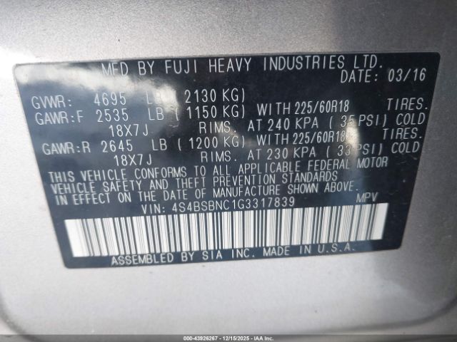 2016 SUBARU OUTBACK 4S4BSBNC1G3317839 Photo 8