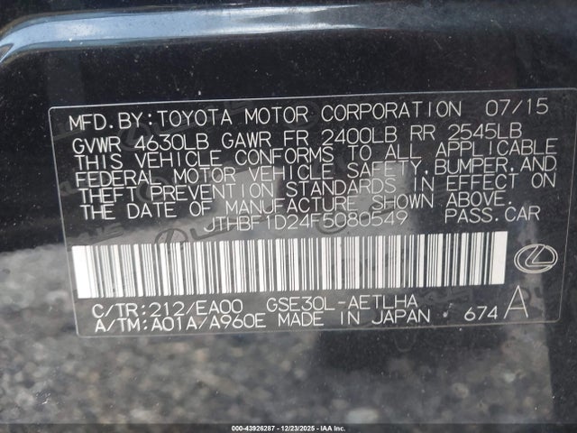 Aukcja sprzedaży 2015 Lexus Is 250, vin: JTHBF1D24F5080549, numer aukcji: 43926287