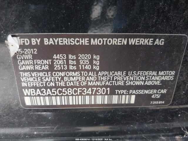 Aukcja sprzedaży 2012 Bmw 328i, vin: WBA3A5C58CF347301, numer aukcji: 43926314
