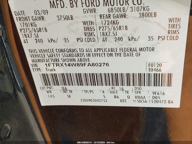 2009 FORD F-150 1FTRX14W89FA80276 Photo 8