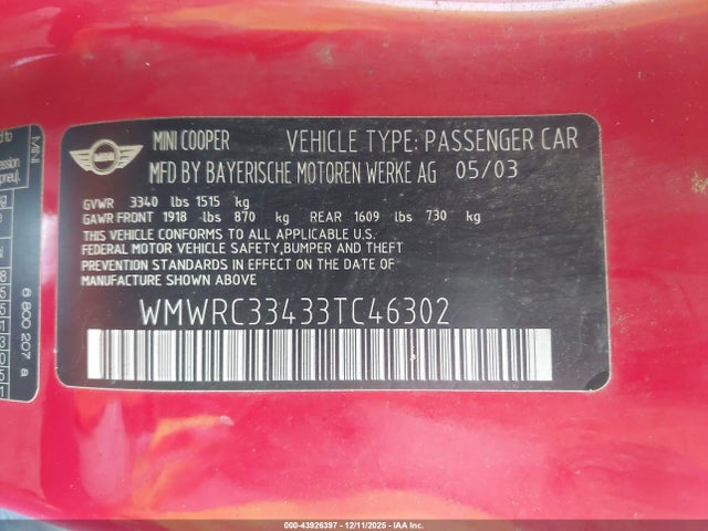 43926397 :رقم المزاد ، WMWRC33433TC46302 vin ، 2003 Mini Cooper مزاد بيع
