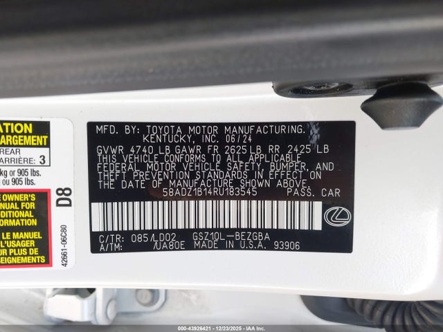 43926421 :رقم المزاد ، 58ADZ1B14RU183545 vin ، 2024 Lexus Es 350 مزاد بيع