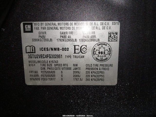 Продаж на аукціоні авто 2015 Gmc Sierra 1500 Slt, vin: 3GTU2VEC4FG302861, номер лоту: 43926439