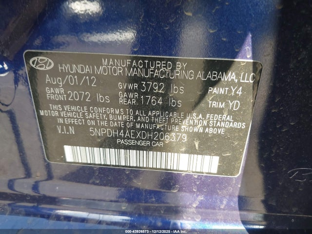 Aukcja sprzedaży 2013 Hyundai Elantra Gls/limited, vin: 5NPDH4AEXDH206379, numer aukcji: 43926573