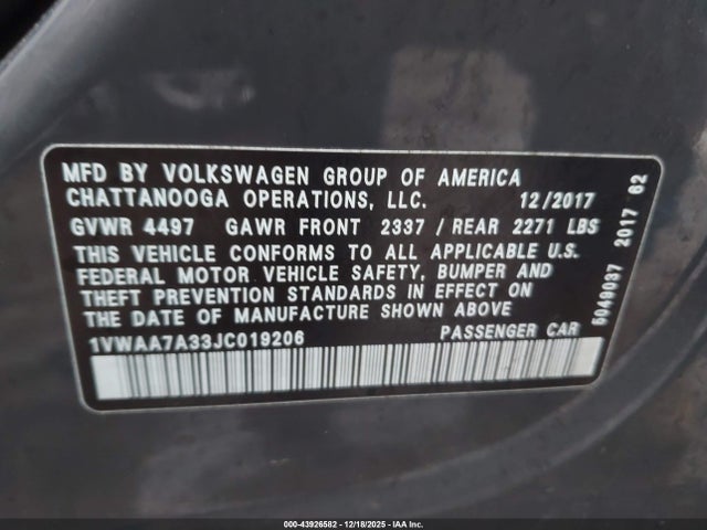 2018 Volkswagen Passat 2.0t R-line/2.0t S მანქანა იყიდება აუქციონზე, vin: 1VWAA7A33JC019206, აუქციონის ნომერი: 43926582