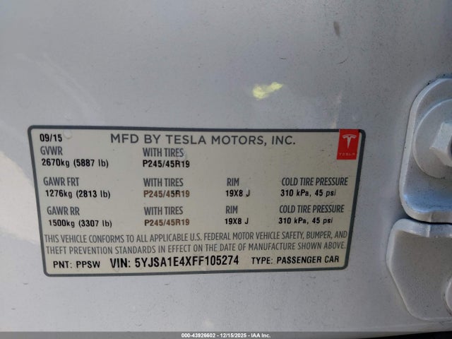 Aukcja sprzedaży 2015 Tesla Model S 85d/p85d, vin: 5YJSA1E4XFF105274, numer aukcji: 43926602