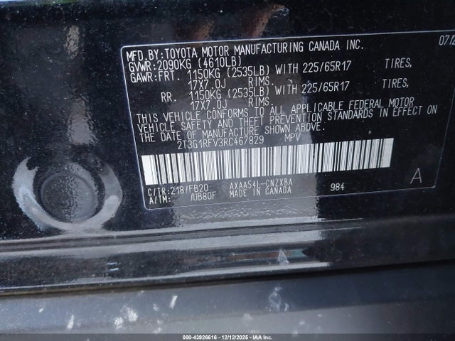 2T3G1RFV3RC467829 Toyota RAV4 LE