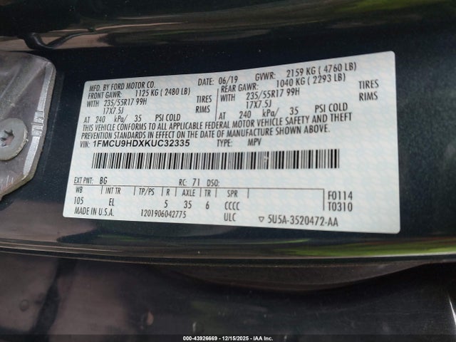 43926669 :رقم المزاد ، 1FMCU9HDXKUC32335 vin ، 2019 Ford Escape Sel مزاد بيع