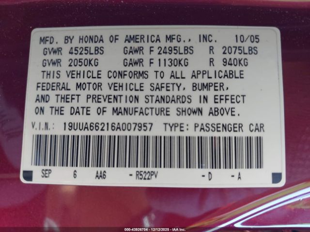 2006 ACURA TL 19UUA66216A007957 Photo 8