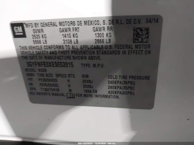 Aukcja sprzedaży 2014 Cadillac Srx Performance Collection, vin: 3GYFNFE3XES652815, numer aukcji: 43926830