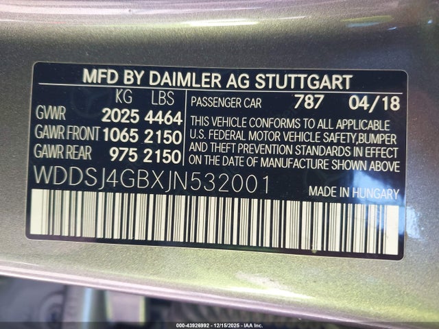 43926992 :رقم المزاد ، WDDSJ4GBXJN532001 vin ، 2018 Mercedes-benz Cla 250 4matic مزاد بيع