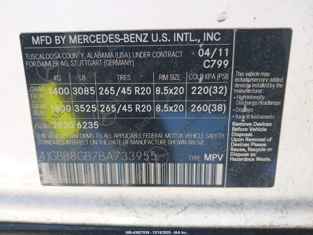 2011 Mercedes-benz Ml 350 4matic მანქანა იყიდება აუქციონზე, vin: 4JGBB8GB7BA733955, აუქციონის ნომერი: 43927039