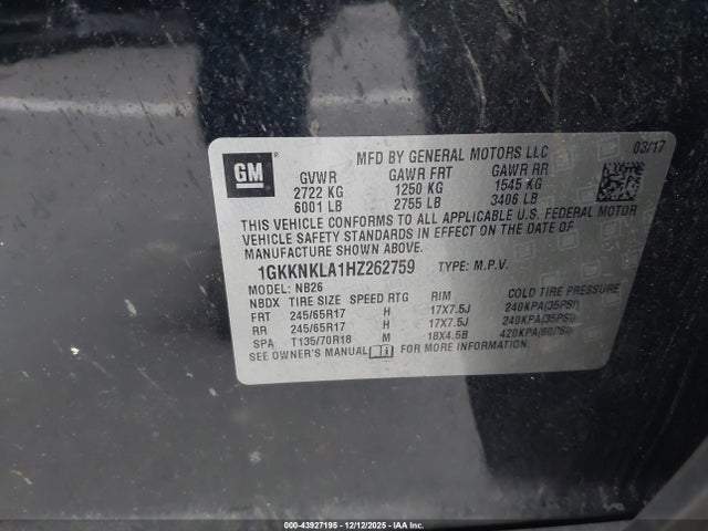 43927195 :رقم المزاد ، 1GKKNKLA1HZ262759 vin ، 2017 Gmc Acadia Sle-1 مزاد بيع