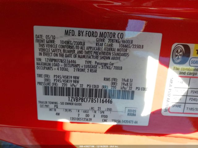 2011 FORD MUSTANG 1ZVBP8CF7B5116446 Photo 8