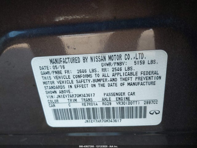 Продаж на аукціоні авто 2016 Infiniti Q50 3.0t Premium, vin: JN1EV7AR7GM343617, номер лоту: 43927205