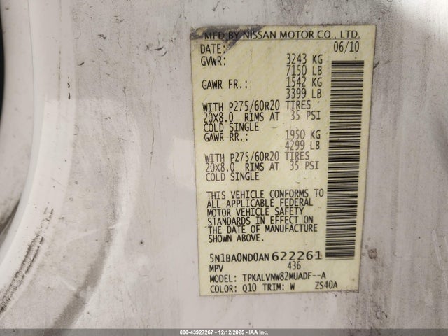 2010 NISSAN ARMADA 5N1BA0ND0AN622261 Photo 8