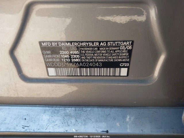 Aukcja sprzedaży 2006 Mercedes-benz Cls 500, vin: WDDDJ75X76A024043, numer aukcji: 43927336