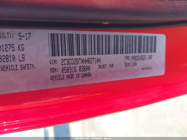 2017 Dodge Challenger R/t მანქანა იყიდება აუქციონზე, vin: 2C3CDZBTXHH627104, აუქციონის ნომერი: 43927383