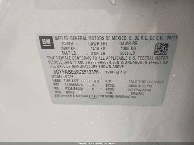 Продаж на аукціоні авто 2012 Cadillac Srx Performance Collection, vin: 3GYFNBE39CS513376, номер лоту: 43927409
