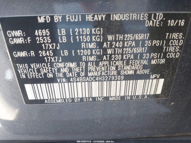 43927418 :رقم المزاد ، 4S4BSADC4H3279309 vin ، 2017 Subaru Outback 2.5i Premium مزاد بيع