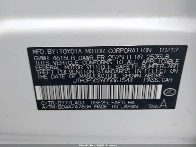 Aukcja sprzedaży 2013 Lexus Is 250, vin: JTHCF5C26D5061544, numer aukcji: 43927594