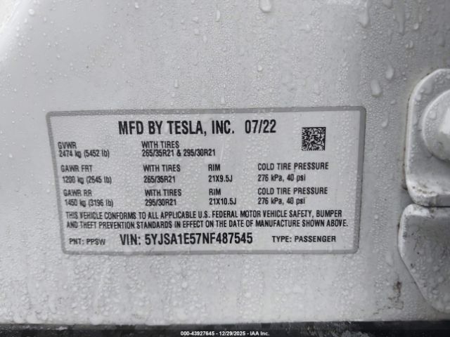 2022 TESLA MODEL S 5YJSA1E57NF487545 Photo 8