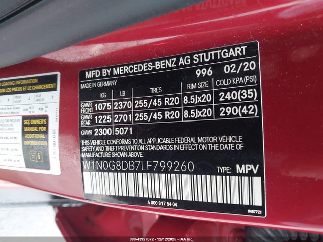 Aukcja sprzedaży 2020 Mercedes-benz Glc 300, vin: W1N0G8DB7LF799260, numer aukcji: 43927672