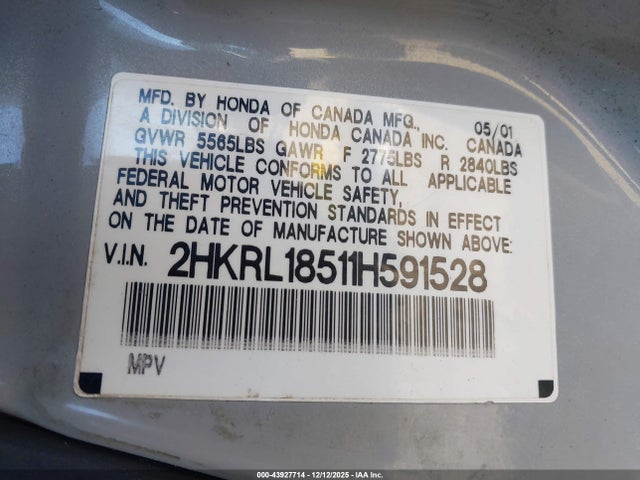 Продажа на аукционе авто 2001 Honda Odyssey Lx, vin: 2HKRL18511H591528, номер лота: 43927714