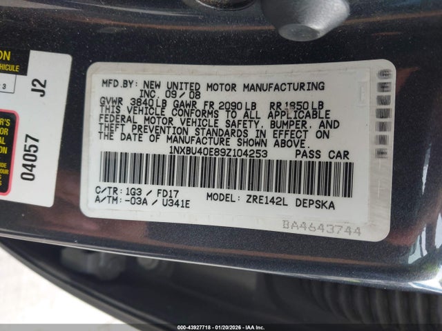Продаж на аукціоні авто 2009 Toyota Corolla S, vin: 1NXBU40E89Z104253, номер лоту: 43927718