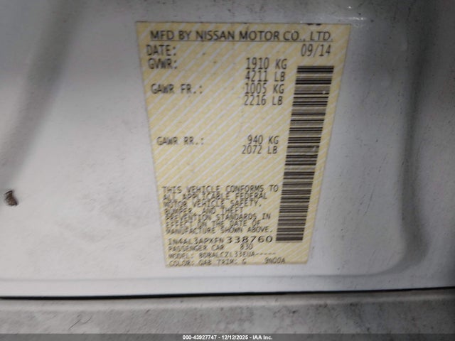 1N4AL3APXFN338760 Nissan Altima 2.5/2.5 S/2.5 Sl/2.5 Sv