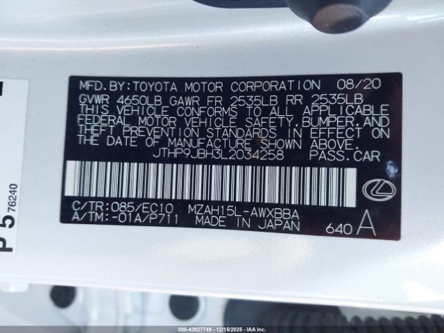 2020 LEXUS UX 250H JTHP9JBH3L2034258 Photo 8