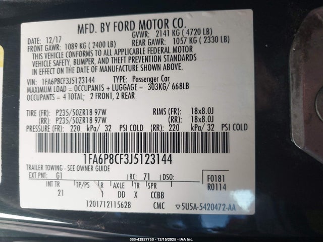1FA6P8CF3J5123144 Ford MUSTANG GT