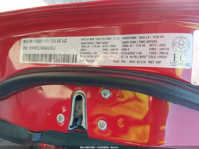 Aukcja sprzedaży 2021 Ram 1500 Classic Slt, vin: 1C6RR7LT4MS520537, numer aukcji: 43927828