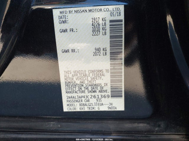 Aukcja sprzedaży 2018 Nissan Altima 2.5 S, vin: 1N4AL3AP4JC261369, numer aukcji: 43927908