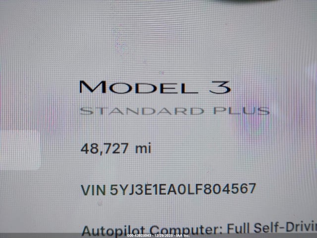43928043 :رقم المزاد ، 5YJ3E1EA0LF804567 vin ، 2020 Tesla Model 3 Standard Range Plus Rear-wheel Drive/standard Range Rear-wheel Drive مزاد بيع