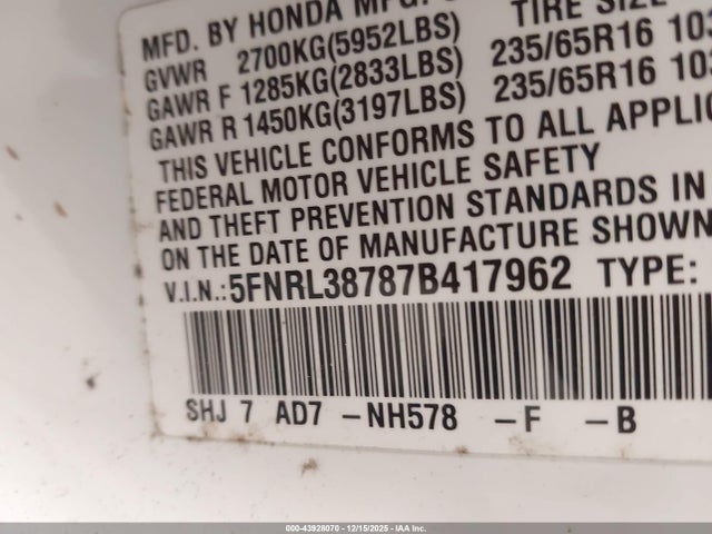 Продажа на аукционе авто 2007 Honda Odyssey Ex-l, vin: 5FNRL38787B417962, номер лота: 43928070